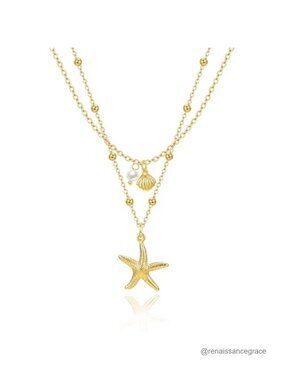 14K Gold Plated Starfish Shell Pearl Pendant Necklace Layered Dainty Beach